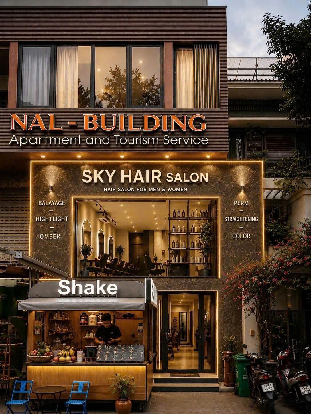 Mặt tiền Sky Hair Salon vào buổi tối